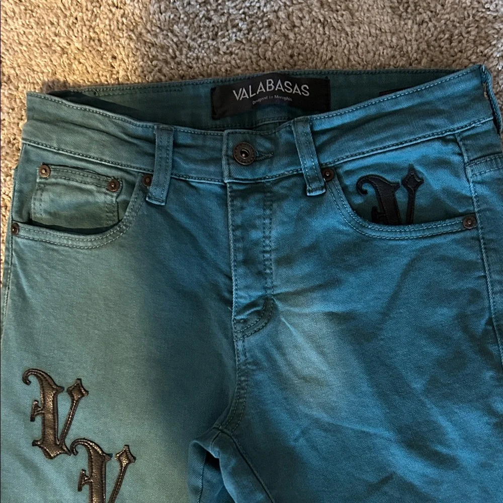 Stylish Teal Stacked Flare Jeans with Black Accents - Picture 2 of 4